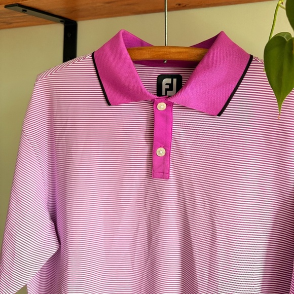 FJ Golf Polo Men's Large Pink White strips lightweight Golf shirt polyester - Picture 1 of 8